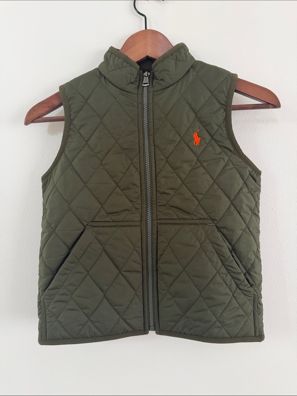 Ralph Lauren Kids Quilted Olive Vest with Orange Pony